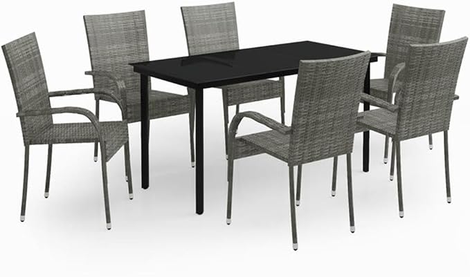 Afuera Living 7-Piece Garden Dining Set, Gray and Black Finish, PE Rattan and Powder-Coated Steel, 55.1 in Rectangular Table, Weather-Resistant, Modern Patio or Terrace Furniture, Seats 6