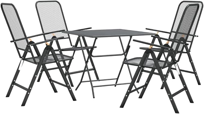 5 Piece Patio Dining Set Expanded Metal Mesh Anthracite | E-Coating Weather-Proof, 7 Position Adjustable Backrest, Foldable Design for Space Saving