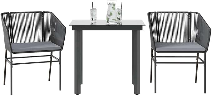 vidaXL 3 Piece Patio Dining Set with Cushions Black Poly Rattan Glass, garden dining set, garden dining furniture, garden dining table and chairs