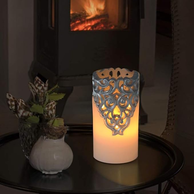 DRomance Hollow Silver Flameless Flickering Candles with 5H Timer, Battery Operated LED Pillar Candles Unscented Wax Warm Light Christmas Home Decoration(Set of 2, 3 x 6 Inches)