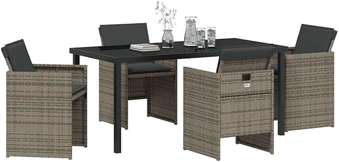 Afuera Living 5 Piece Poly Rattan Patio Dining Set, Gray, Tempered Glass Table, Powder-Coated Steel Legs, Weather-Resistant Cushions, Modern Design for Outdoor Garden or Patio Dining