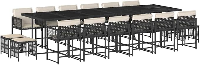 17-Piece 16-Person Outdoor Patio Dining Set with Cushions, Large 130 Inch Rectangular Tempered Glass Table and Foldable Rattan Chairs for Garden and Backyard, Black and Cream