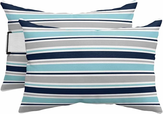 Pack of 2 Outdoor Lumbar Pillow Covers 12x20 Inch, Grey Blue Striped Waterproof Throw Pillow Covers Set, Farmhouse Stripes Abstract Art Navy Blue Outside Decorative Cushion Cases for Patio Porch Car