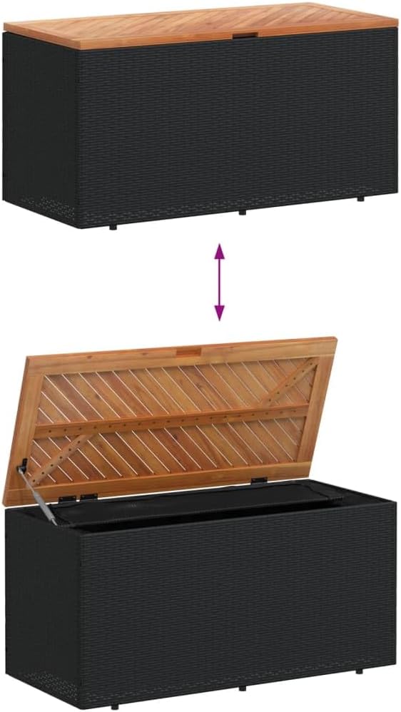 Gecheer Patio Rattan Deck Box Patio Storage Box Black 43.3"x19.7"x21.3" Poly Rattan Acacia Wood