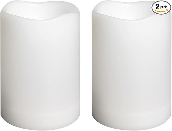 Waterproof Outdoor Battery Operated Flameless Candles with Auto Timer Flickering Plastic Resin Electric LED Pillar Lights for Lantern Patio Garden Wedding Party Decorations 3x4 Inches 2 Pack White