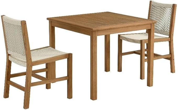 Modway Vienna Outdoor Patio Teak Wood 3-Piece Dining Set in Natural Natural – Weather-Resistant Square Dining Table with Woven Rope Armless Chairs – Bistro Set for 2 – Chair Patio Set with Table