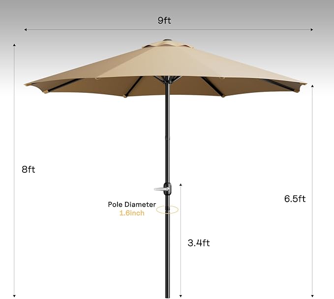 CHABATREE 9FT Outdoor Patio Umbrella with Easy Crank - UV Resistant & Waterproof Market Umbrella with Ventilated Canopy, 8 Sturdy Ribs & Powder-Coated Frame for Garden, Deck, Backyard, Pool, Patio Table