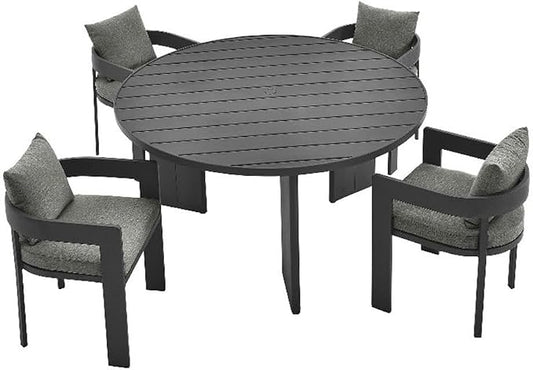 Modway Tahoe Outdoor Patio Powder-Coated Aluminum 5-Piece Dining Set in Gray Gray - Round Patio Furniture Set for 4 - Outside Table with Umbrella Hole and Cushioned Chairs - Modern Patio Set