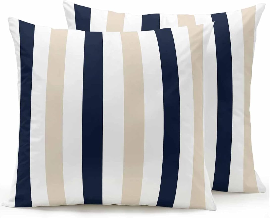 Outdoor Pillows Waterproof, Beige Navy Blue Striped Bedding Throw Pillows with Insert for Couch Sofa Bed, Farmhouse Stripe Art 18x18 Inch Pillowcases Decorative Camping Patio Pillow Set of 2