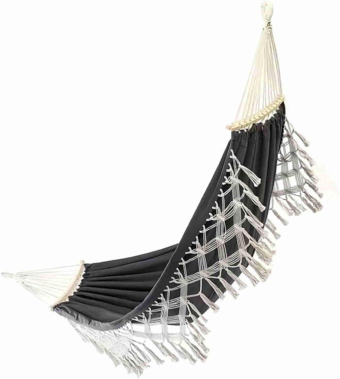 Canvas Hammock, 2 Person Foldable Hanging Swing Hammock with Tassels for Beach Yard Bedroom Patio (Black)