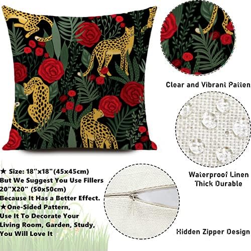 Outdoor Waterproof Throw Pillow Covers Jungle Leopard Tropical Cushions Pillows Case 18x18 Inch Set of 4 Patio Furniture Pillows Decorative for Home Garden Sofa Couch