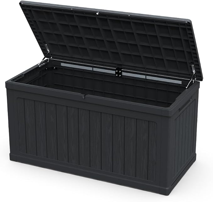 Large Outdoor Storage Deck Box for Patio Furniture, Cushions, Garden Tools and Sports Equipment – Weather-Resistant Resin with Secure Lid (Black + Plastic)
