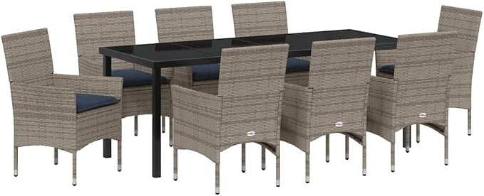 9-Piece Outdoor Dining Set with Cushions, Grey PE Rattan Patio Table and 8 Chairs for Garden, Backyard, and Deck