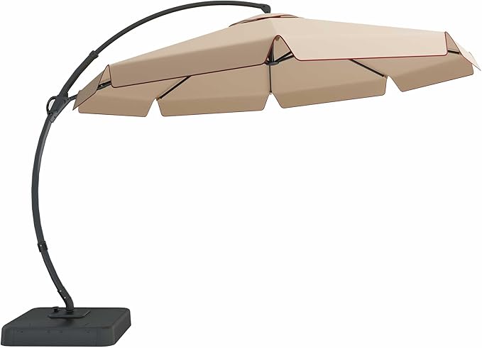 LAUSAINT HOME 11ft Patio Cantilever Umbrella with Base Included, Outdoor Curvy Round Offset Umbrella, Heavy Duty Aluminum, 360° Rotation for Pool, Deck, Lawn, Backyard, Beige Lotus Wave