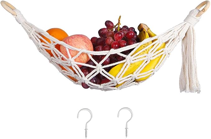 22 Inches Hanging Fruit Hammock Fruit Vegetable Hanger Basket Fruit Holder Net Banana Storage Hammock with 2 Pcs Screw Hooks for Kitchen Under Cabinet