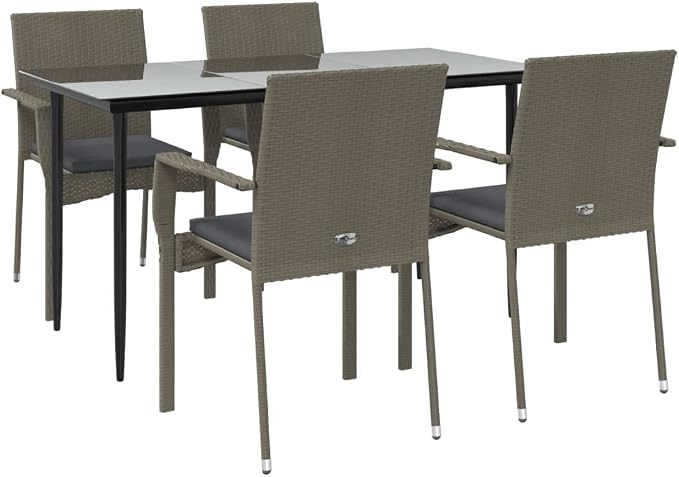 5 Piece Patio Dining Set with Cushions, Outdoor Garden Table and 4 Chairs, Weather Resistant PE Rattan Furniture for Backyard, Porch, Balcony, Black and Gray