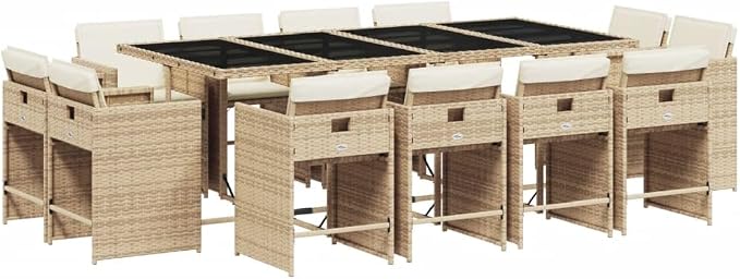 13 Piece Patio Dining Set with Cushions Beige Poly Rattan Outdoor Rattan Table and 12 Stackable Chairs with Foldable Backrest for Garden Backyard Deck Entertaining