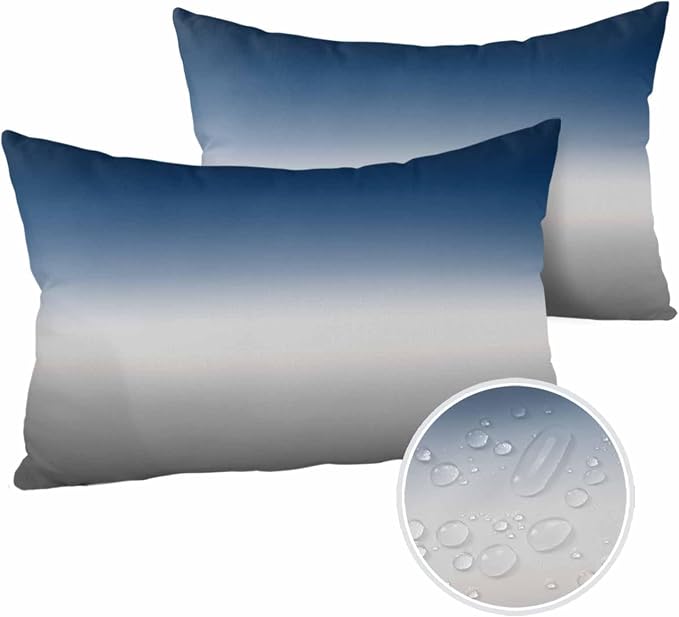 Outdoor Waterproof Throw Pillow Covers Set of 2 Blue Grey Ombre Lumbar Pillowcases 20x12 Inches Gradient Gradual Color Patio Decorative Pillows Cushion Case Patio Pillows for Couch Bed Chair Garden