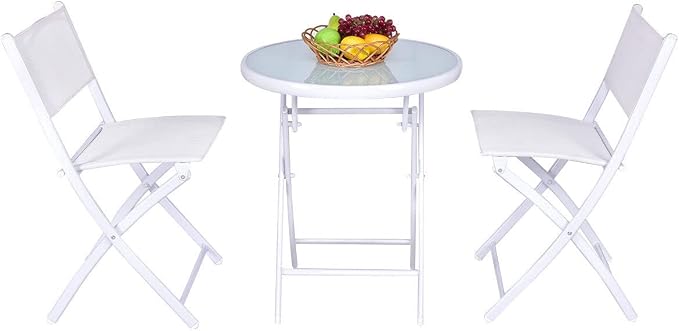 3 PCS Folding Bistro Table Chairs Set Garden Backyard Patio Furniture White Loveseat Coffee Table