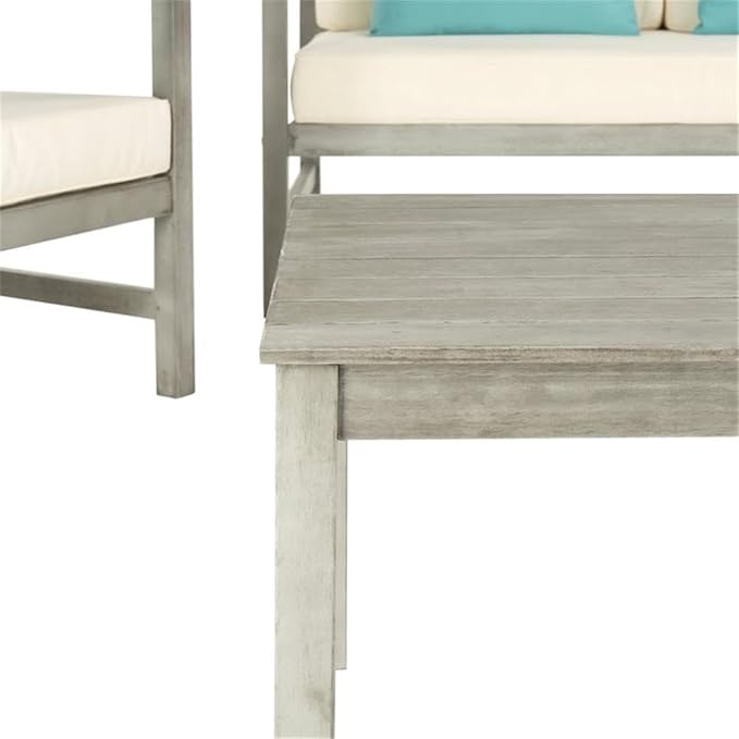 SAFAVIEH Outdoor Collection Montez Grey Wash/ White Cushions/ Light Blue 4-Piece Conversation Patio Set