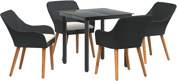 5-Piece Garden Dining Set with Cushions Black Poly Rattan Patio Outdoor Furniture Table and Chairs for Backyard Deck Poolside Entertaining
