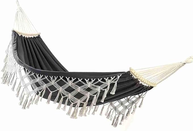 Canvas Hammock, 2 Person Foldable Hanging Swing Hammock with Tassels for Beach Yard Bedroom Patio (Black)