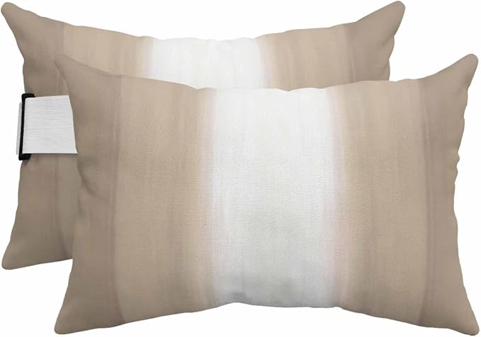 Outdoor Lumbar Pillow Set of 2, Beige Ombre Striped Waterproof Beach Headrest Pillow with Inserts, Beige Gradient Farmhouse Abstract Art Recliner Throw Pillows for Patio Furniture, 11 x 16