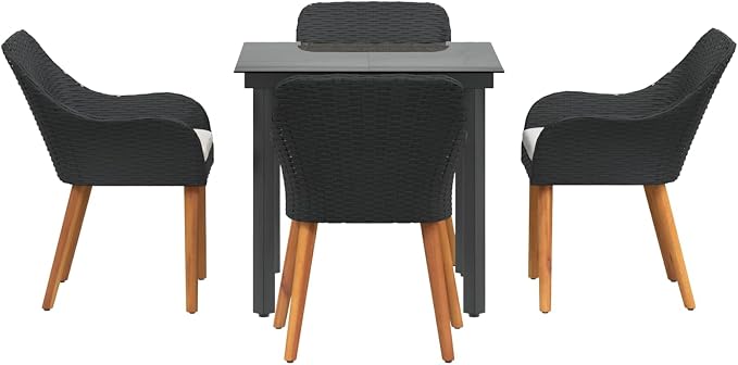 5-Piece Garden Dining Set with Cushions Black Poly Rattan Patio Outdoor Furniture Table and Chairs for Backyard Deck Poolside Entertaining