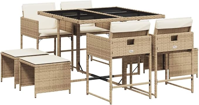 9 Piece Patio Dining Set with Cushions Beige Poly Rattan Outdoor Table and 4 Chairs with Stools Space-Saving Foldable Backrest Glass Top Tempered UV-Proof Garden Furniture for Backyard Lawn Deck