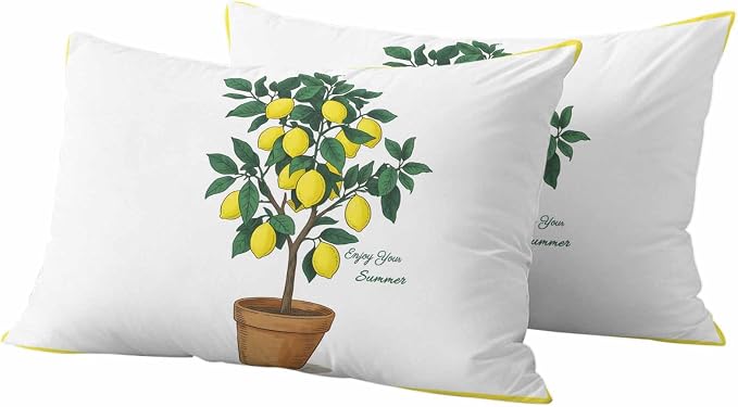 Outdoor Waterproof Throw Pillow Covers, Summer Lemon Decorative Pillow Cases, Yellow Potted Plant Green Botanical Couch Pillow Protector Patio Sofa Cushion Covers Replacement 20"x12" 2 Pack