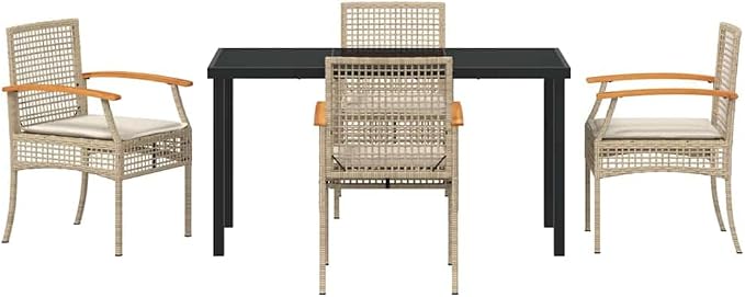 7-Piece Outdoor Dining Set, Garden Rattan Table with 6 Armchairs, Patio Furniture with Comfortable Cushions for Backyard, Deck, and Dining Area, Beige and Black