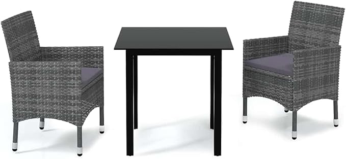 3-Piece Grey PE Rattan Bistro Set with Cushioned Chairs | Includes a square dining table and two seats, ideal for compact outdoor spaces like patios, balconies, and terraces.