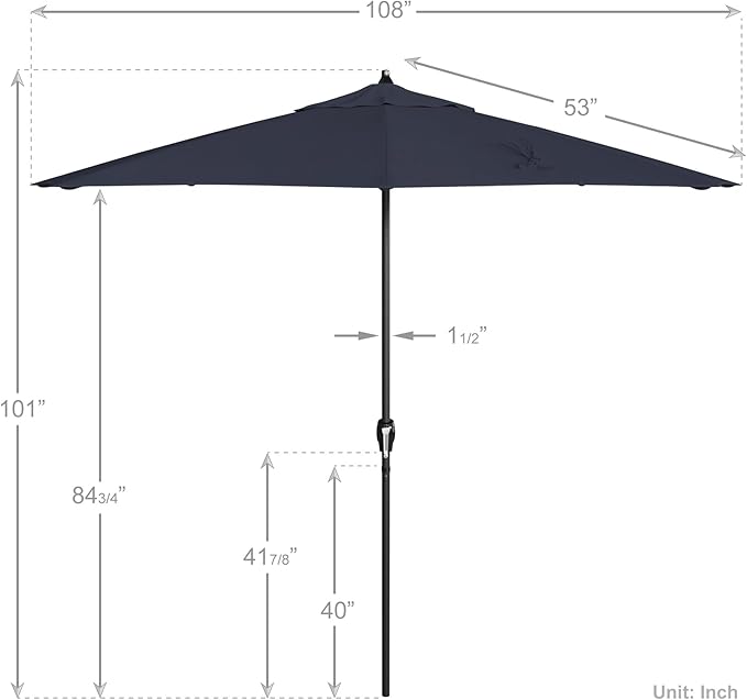 California Umbrella 12-Year Protection 9' Rd Aluminum Patio Umbrella, Crank Lift, Auto Tilt, Black Finish, Sunbrella Indigo