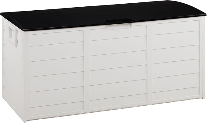 SSLine Outdoor Storage Deck Box, 75 Gallon Capacity Plastic Patio Garden Tool Organizer with Wheels, 44 x 19.3 x 21.3 inches (White)