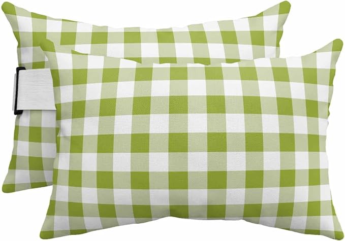 Pack of 4 Outdoor Lumbar Pillow Covers 12x20 Inch, Green Plaid Waterproof Throw Pillow Covers Set, Gradient Geometric Buffalo White Checkered Indoor&Outdoor Cushion Cases for Patio Porch Beach