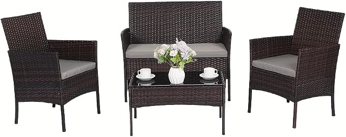 Patio Furniture Set, Outdoor Furniture Set 4 Pieces Patio Conversation Set PE Rattan Chair with Cushion Tempered Glass Table Garden Balcony Sets for Yard Pool Backyard Brown/Grey