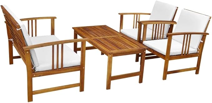 4-Piece Brown Acacia Wood Outdoor Dining Set | Includes a rectangular table, one bench, and two chairs, providing rustic seating for balconies, patios, and terraces.