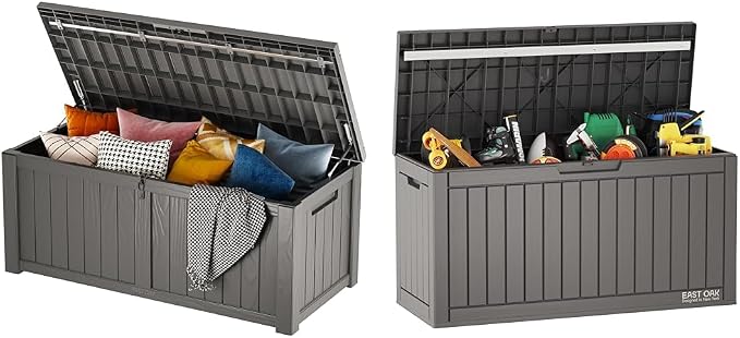 EAST OAK 120 Gallon Deck Box & 60 Gallon Deck Box, Outdoor Storage Box with Padlock for Patio Furniture, Patio Cushions, Gardening Tools, Pool Supplies, Waterproof and UV Resistant Resin, Grey