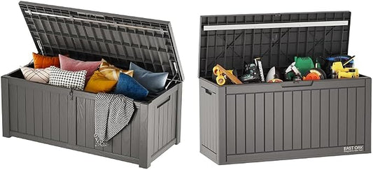 EAST OAK 120 Gallon Deck Box & 60 Gallon Deck Box, Outdoor Storage Box with Padlock for Patio Furniture, Patio Cushions, Gardening Tools, Pool Supplies, Waterproof and UV Resistant Resin, Grey