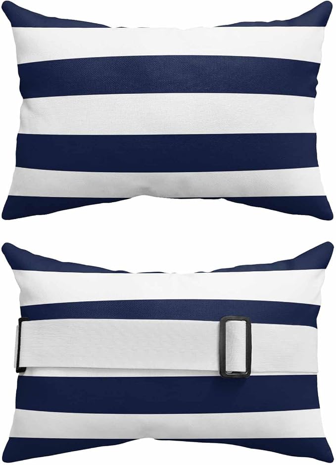 Outdoor Pillow for Chaise Lounge Chair, Simple Stripe Pattern Blue and White Waterproof Headrest Pillow Lumbar Pillows with Adjustable Elastic Strap for Beach, Poolside, Patio, Office (1 Pack)