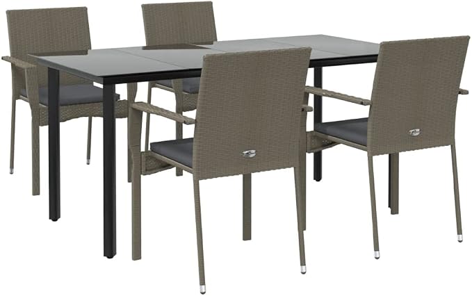 5 Piece Patio Dining Set with Cushions Black and Gray Poly Rattan Outdoor Table and Chairs for Garden Deck Backyard Lawn Porch Tempered Glass Top