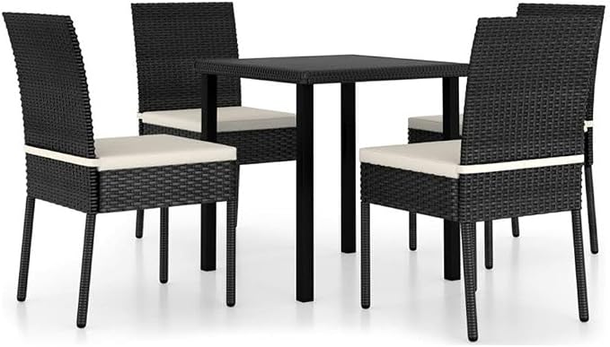 Afuera Living 5-Piece Outdoor Patio Dining Set, Black/Cream Poly Rattan, Powder-Coated Steel Frame, Glass Tabletop, Cushioned Chairs, Weather-Resistant, Modern Garden Furniture for Terrace or Balcony