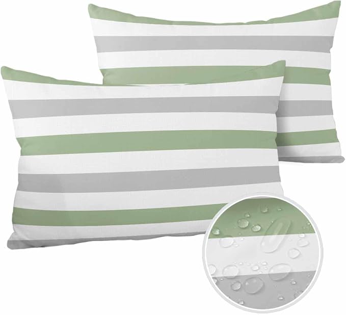 Outdoor Waterproof Throw Pillow Covers 20x12Inch, Spring Stripes Sage Green Cushions for Garden Patio Furniture Chairs Set of 2, Grey Home Decor Couch Sofa Polyester Pillow Cases