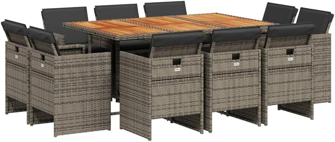 11-Piece Patio Dining Set with Cushions Gray Poly Rattan Outdoor Furniture Set for Garden Backyard Balcony