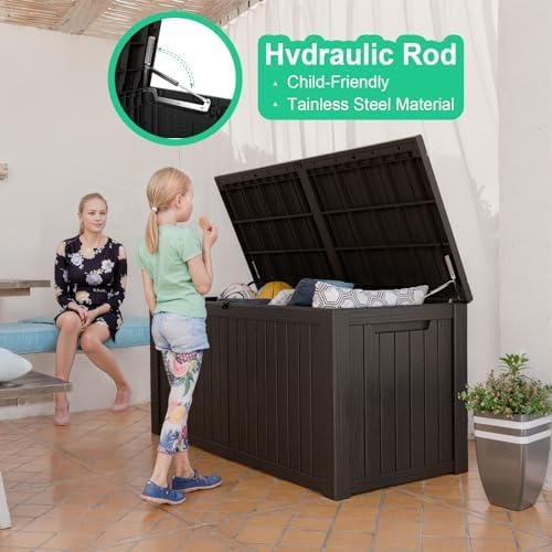 180 Gallon Deck Box, Waterproof Resin Rattan Outdoor Storage Box with Lockable Lid, Fade Resistant Patio Storage Box for Garden Tools, Pool Accessories, Outdoor Cushions, Black