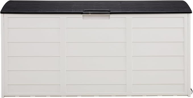 FOXHOLE 75 Gal Outdoor Plastic Deck Storage Box with Lockable Lid Wheels and Handles for Garden Tools and Toys (White w/Black lid)