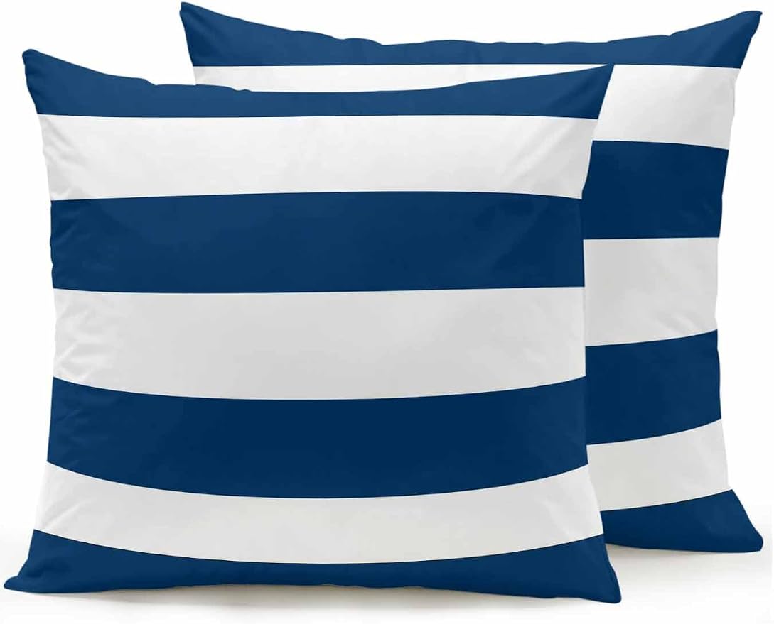 Waterproof Outdoor Pillow Set of 2 Navy Blue White Stripe Decorative Throw Pillows Cover & Insert 18x18 Inch Pillowcase Simple Style Striped Pillows for Couch Sofa Bed Patio Furniture Indoor Outdoor