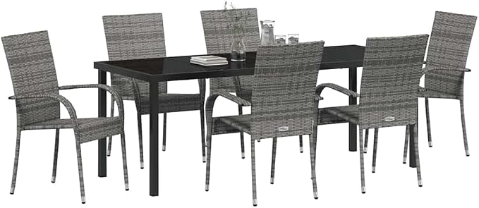 7 Piece Garden Dining Set, Outdoor Patio Furniture with 6 Chairs and Steel Table, Grey Weather-Resistant Dining Furniture for Backyard Deck Balcony