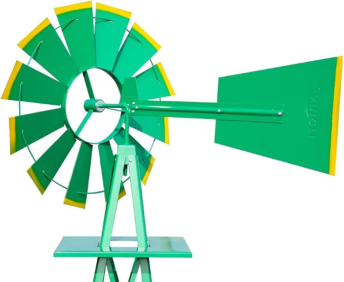 VINGLI Upgrade 8FT Ornamental Windmill Backyard Garden Decoration Weather Vane, Heavy Duty Metal Wind Mill w/ 4 Legs Design (Green)