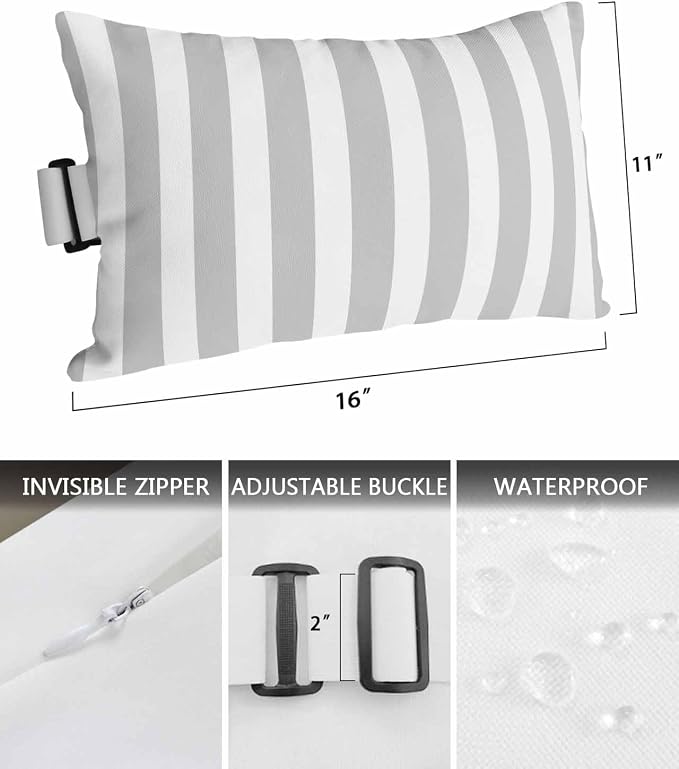 DecorLovee Grey Striped Outdoor Recliner Pillows for Head, Farmhouse Waterproof Chair Pillow with Elastic Stripe, Gray White Stripes Chaise Lounge Headrest Pillow for Patio/Beach/Pool 2Pack, 11"x16"